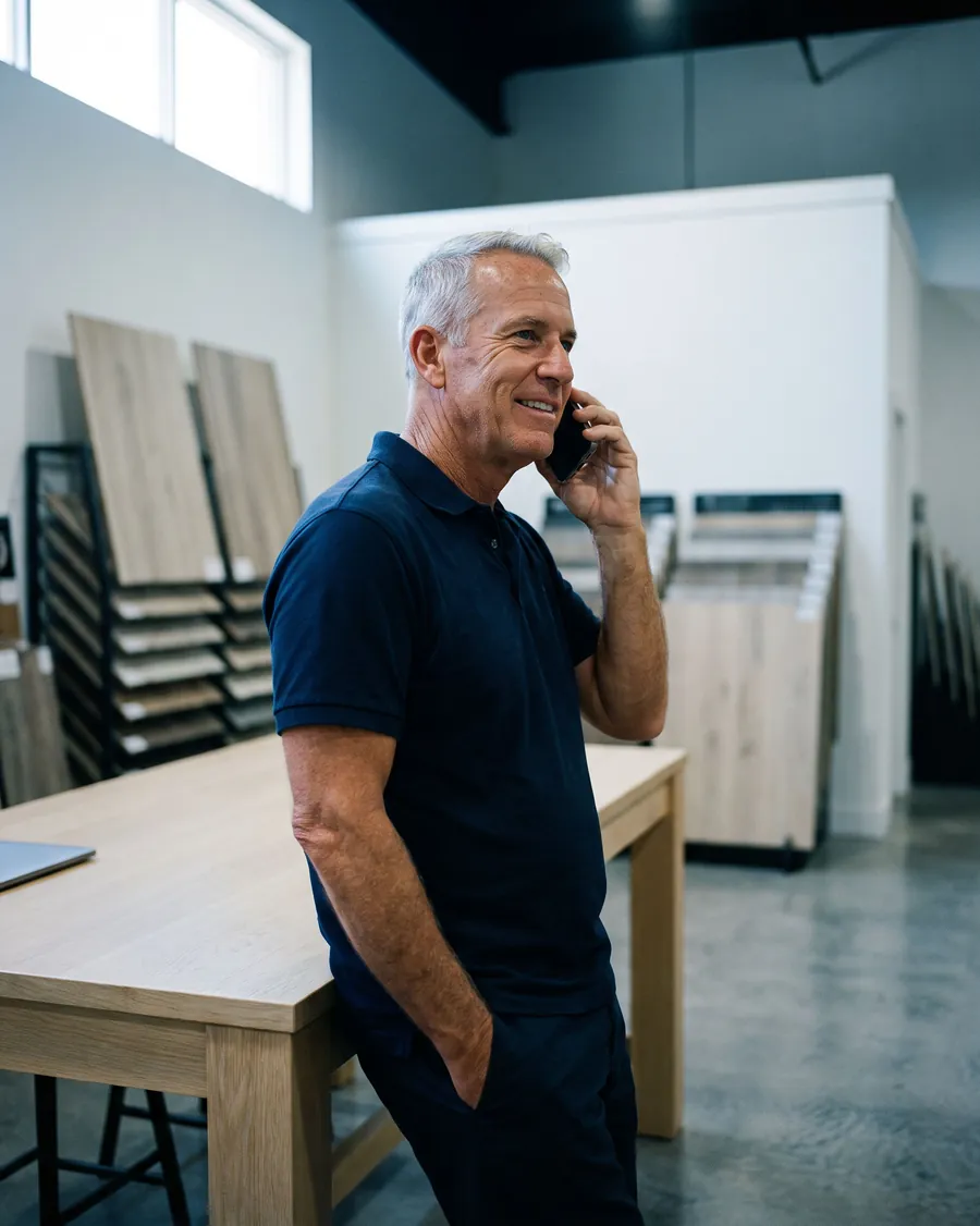 A showroom owner leaning on a worktable, smiling as he listens on the phone.