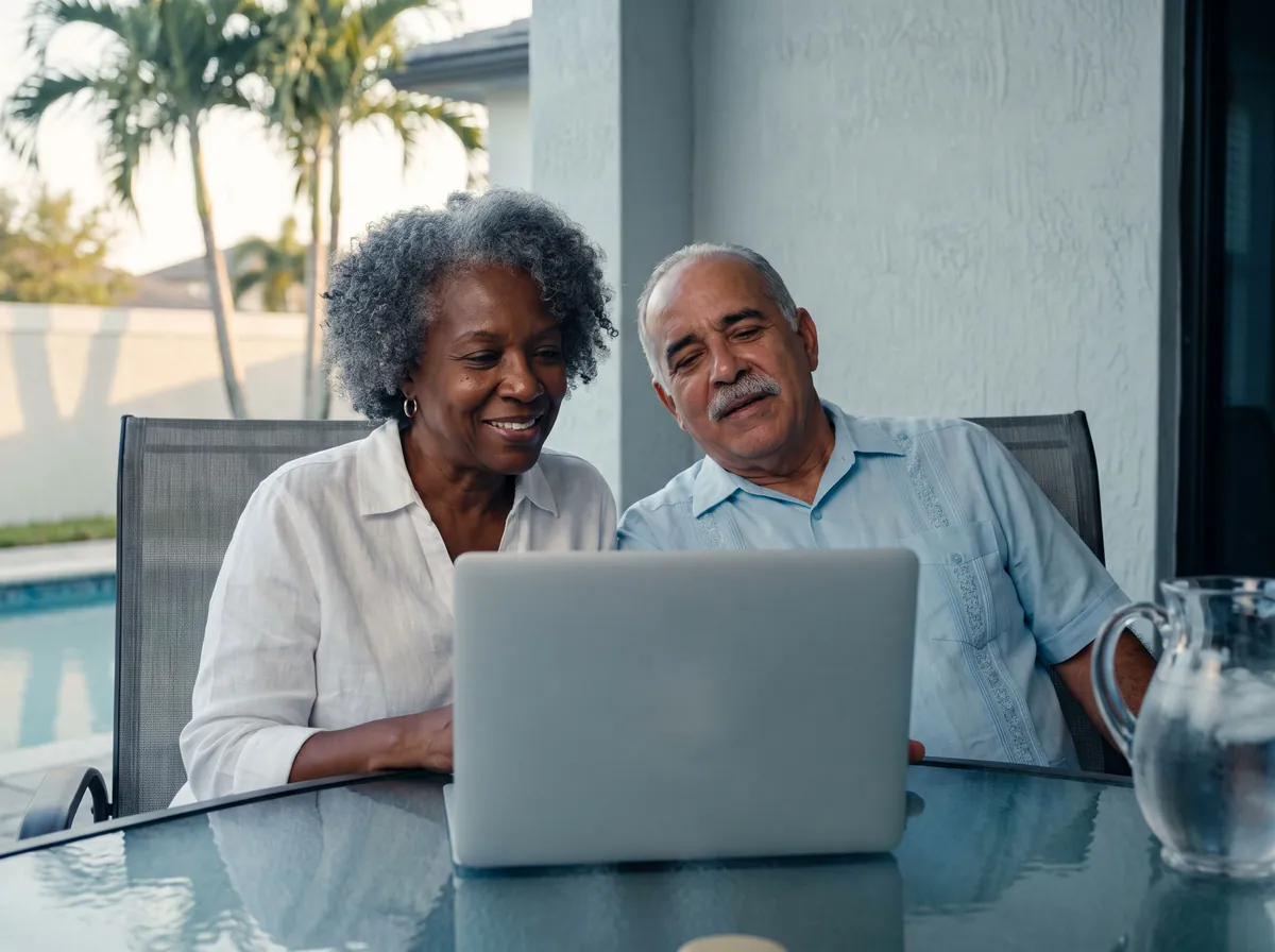 A retired couple on their patio, relieved and smiling as they look at a laptop.