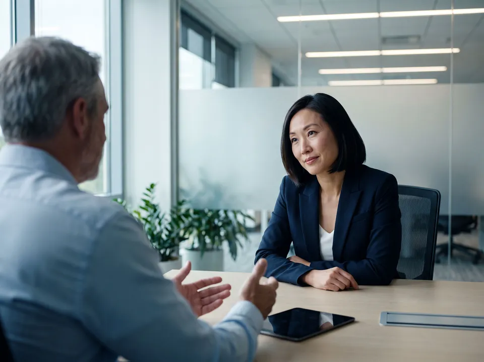 A business owner listening closely in a meeting room.