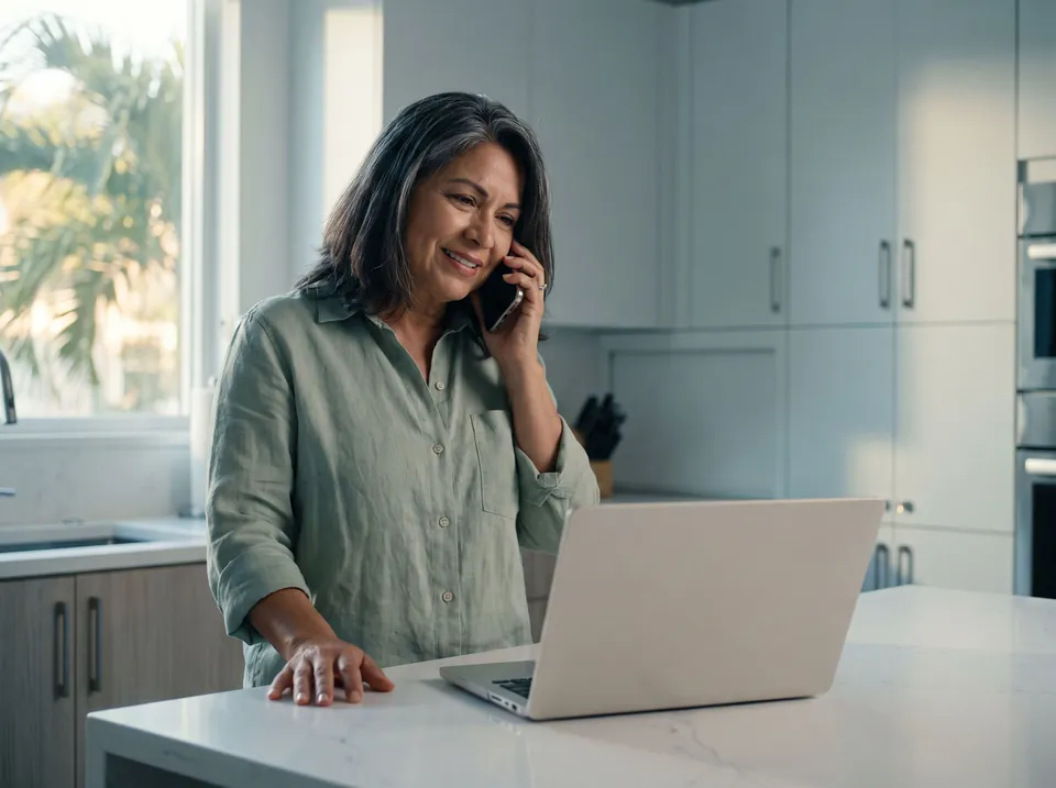 A woman at her kitchen island on a phone call, starting to smile with relief.