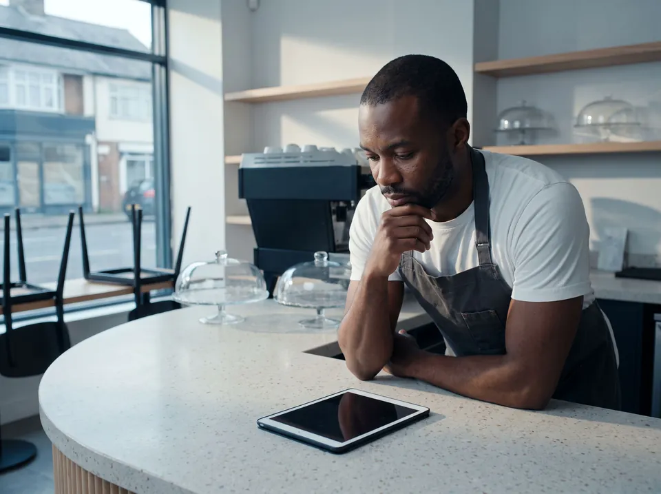 A bakery owner leaning on his counter after closing, thinking it over.