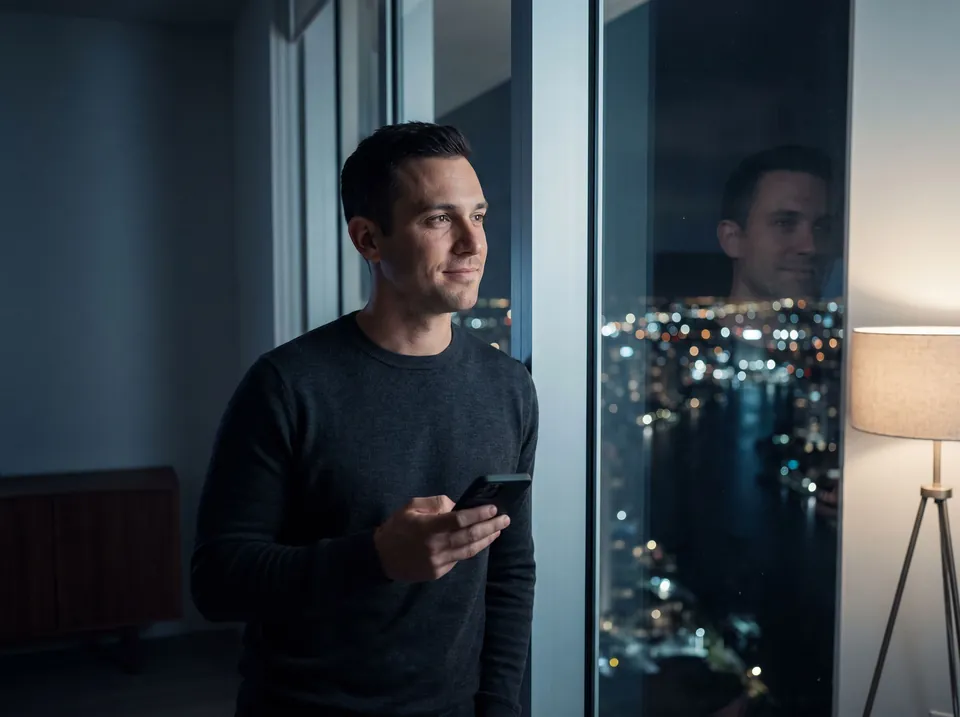 A man by a high-rise window at night, phone in hand, looking out at the city.