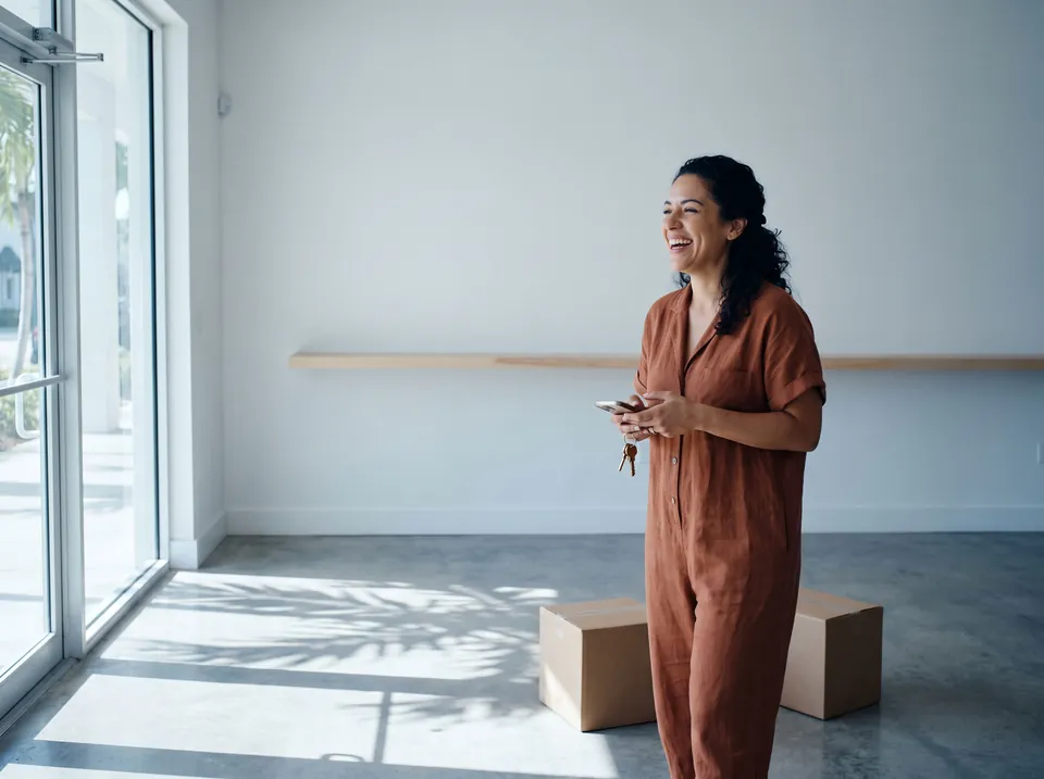 A founder laughing in her newly leased, still-empty studio, keys in hand.