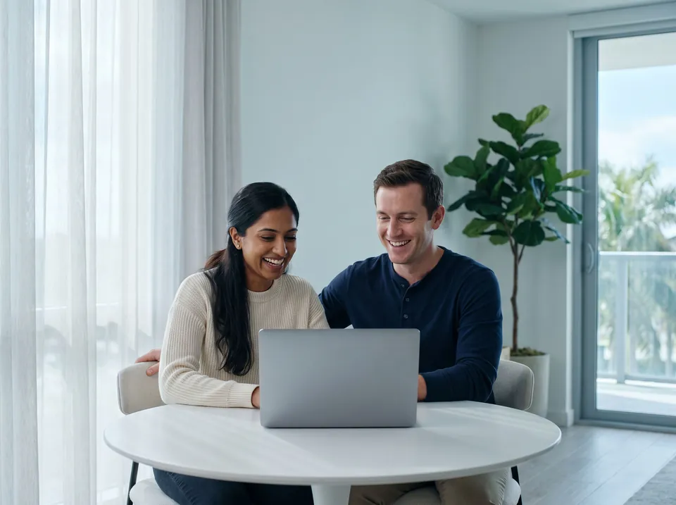 A couple at their dining table laughing during a video call.
